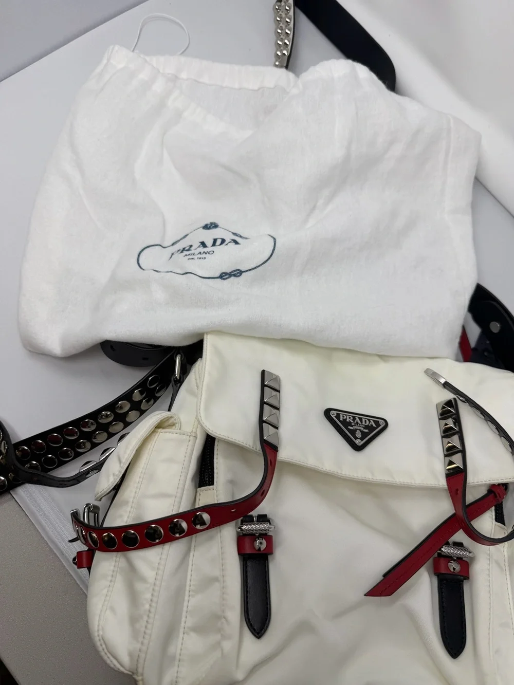 Prada White Nylon Shoulder Bag with Red Trim & Silver Studs